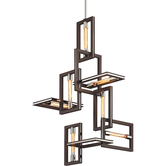 Enigma 7-Light Chandelier by Troy in textured bronze. Made from hand worked iron in a unique style.