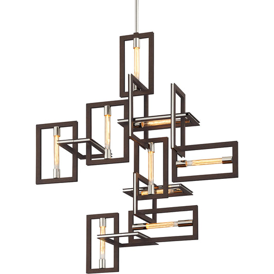 Enigma 7-Light Chandelier by Troy in textured bronze, stainless steel. Made from hand worked iron in a modern style.