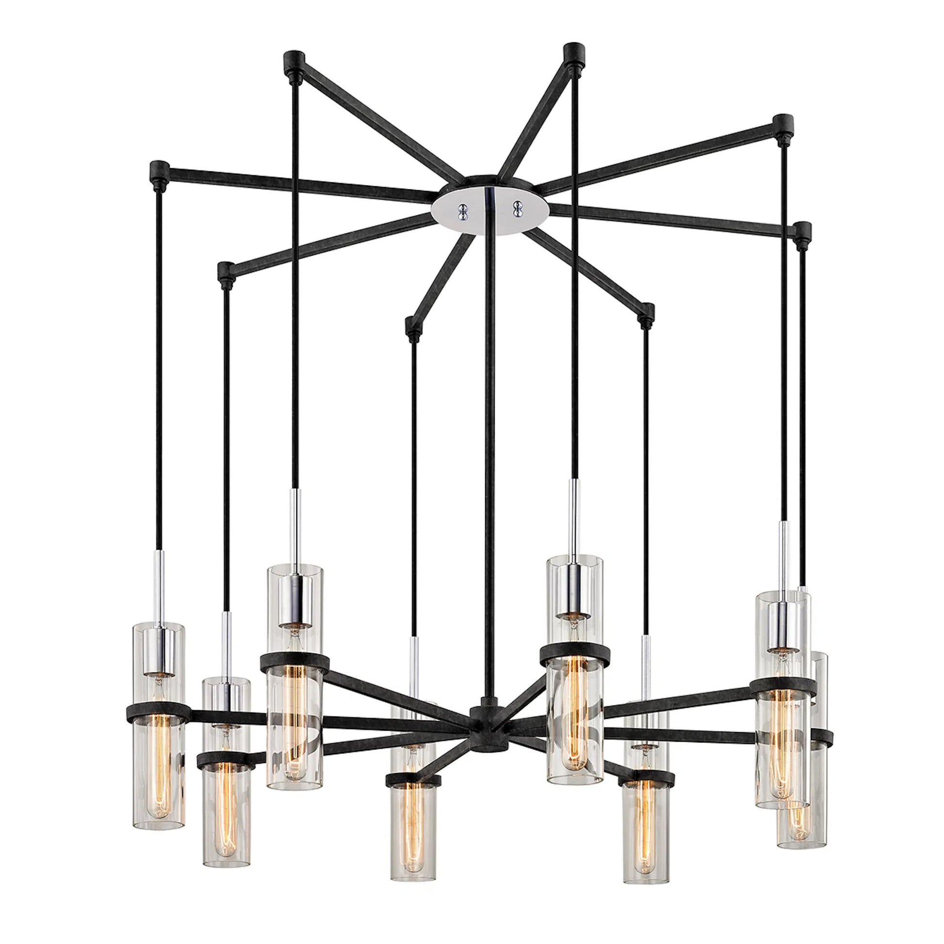 Xavier Chandelier by Troy in textured iron, polished chrome. Made from hand worked iron in a unique style.