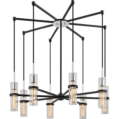 Xavier Chandelier by Troy in textured iron, polished chrome. Made from hand worked iron in a unique style.