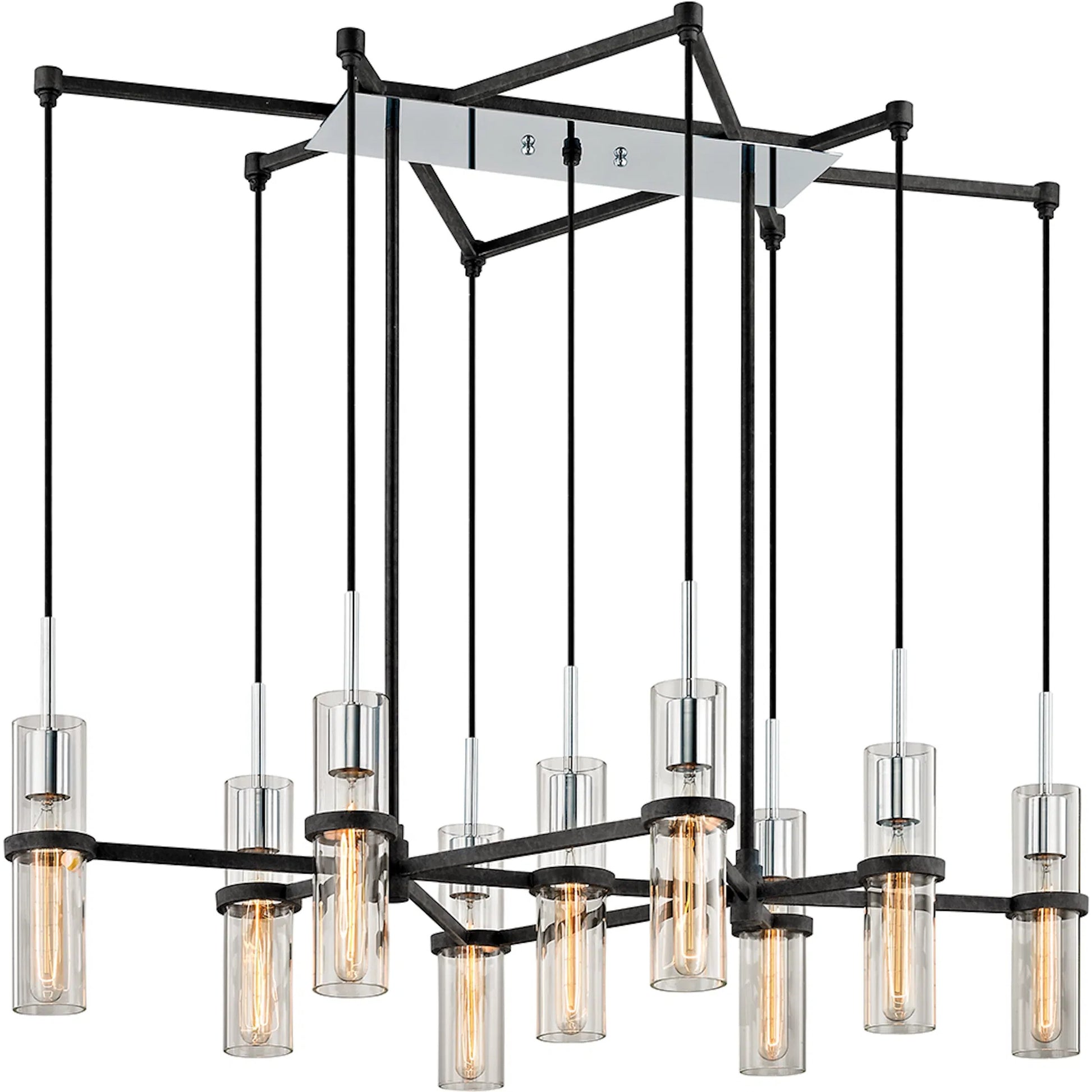 Xavier 9-Light Linear Chandelier by Troy in vintage iron. Made from hand worked iron in a unique style.