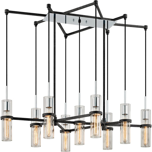 Xavier 9-Light Linear Chandelier by Troy in vintage iron. Made from hand worked iron in a unique style.
