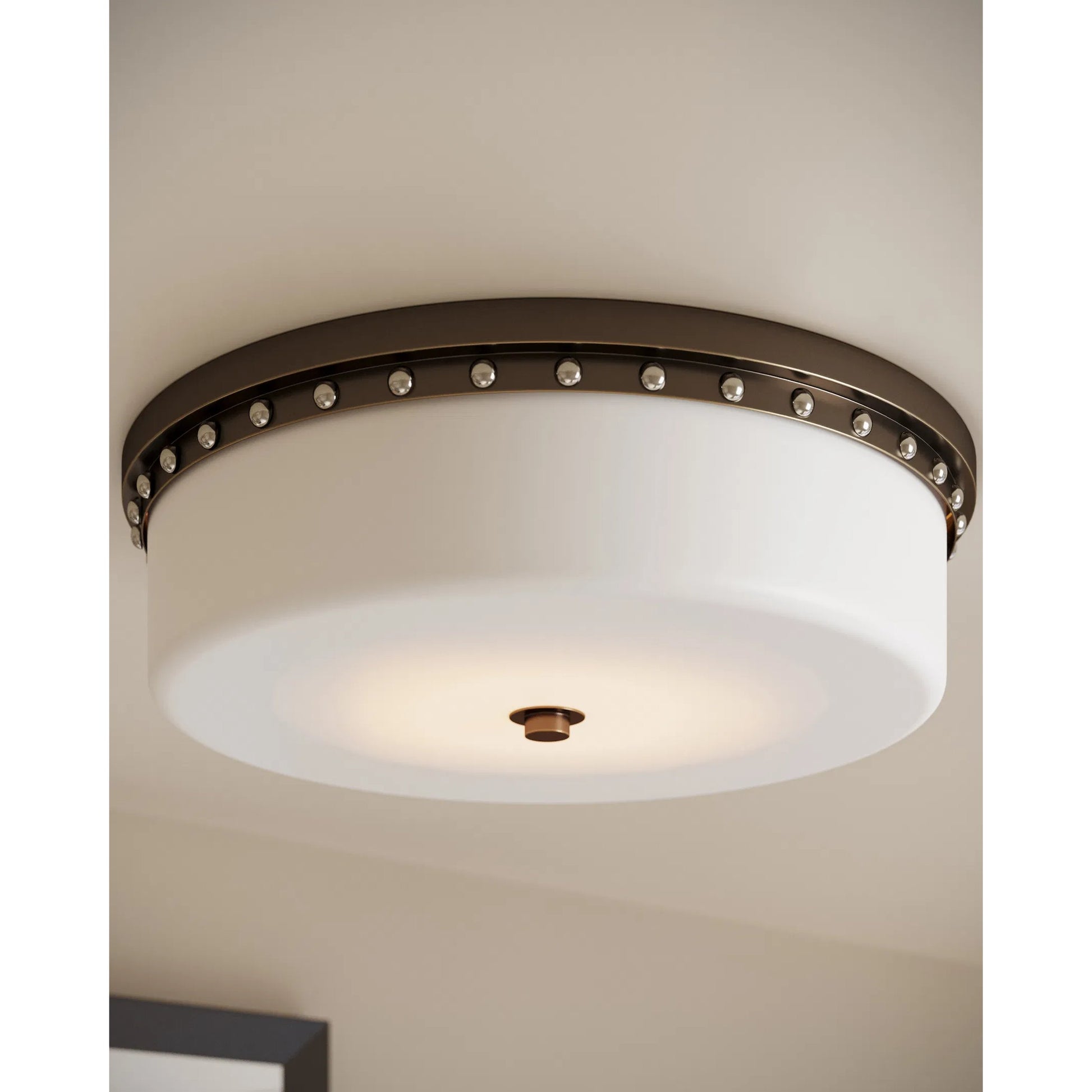 Barnabe Flush Mount by Currey and Company in white, antique brass, polished nickel. Made from glass, metal in a traditional style.