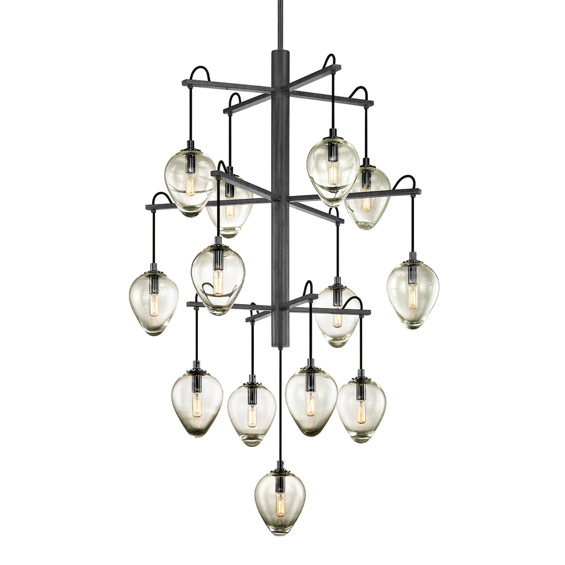Brixton 13 Light Chandelier by Troy in gun metal with smoked chrome. Made from hand worked iron in a modern style.