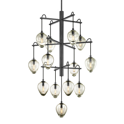 Brixton 13 Light Chandelier by Troy in gun metal with smoked chrome. Made from hand worked iron in a modern style.