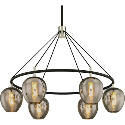Iliad 6-Light Chandelier by Troy in textured black, polish nickel. Made from hand worked iron in a modern style.