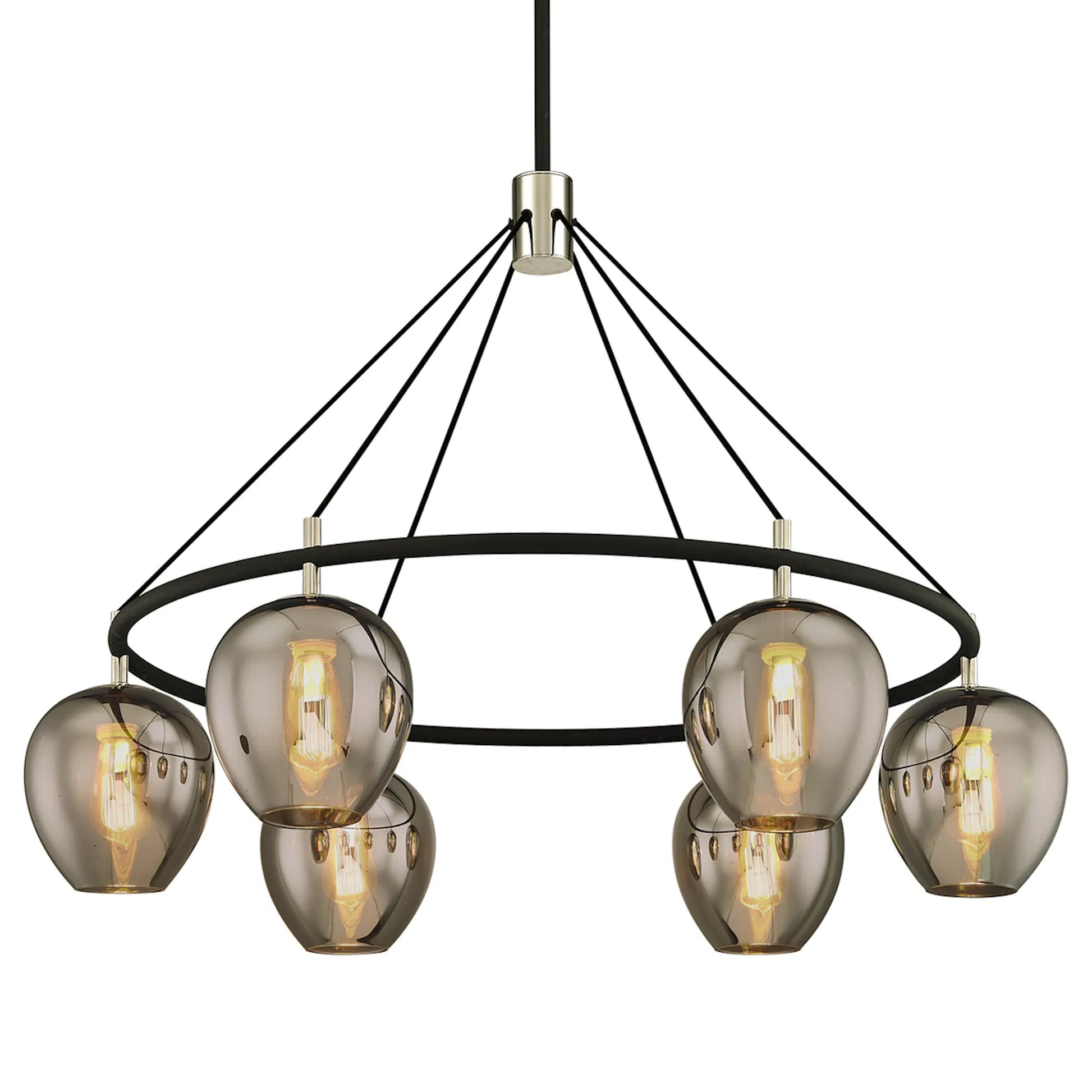 Iliad 6-Light Chandelier by Troy in textured black, polish nickel. Made from hand worked iron in a modern style.