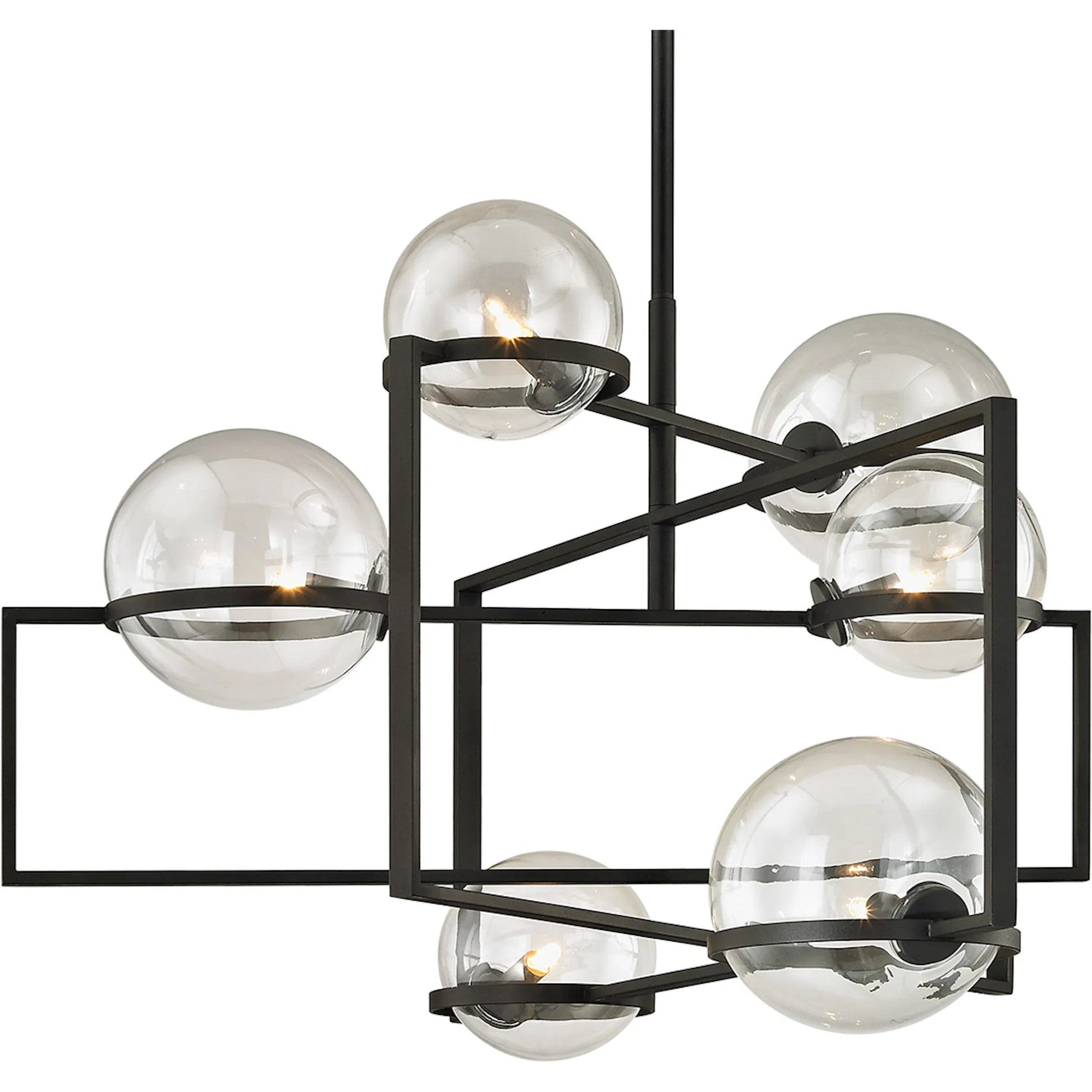 Elliot Chandelier by Troy in textured black. Made from hand worked iron in a modern style.
