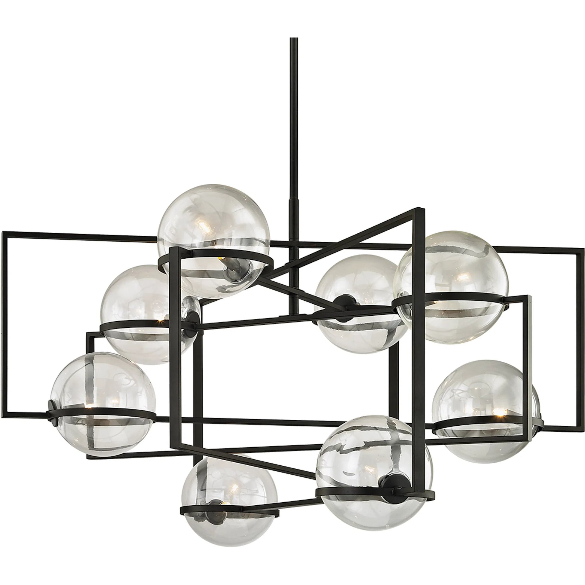 Elliot 8 Light Chandelier by Troy in textured black. Made from hand worked iron in a modern style.