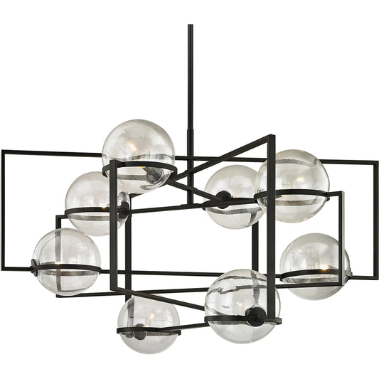 Elliot 8 Light Chandelier by Troy in textured black. Made from hand worked iron in a modern style.