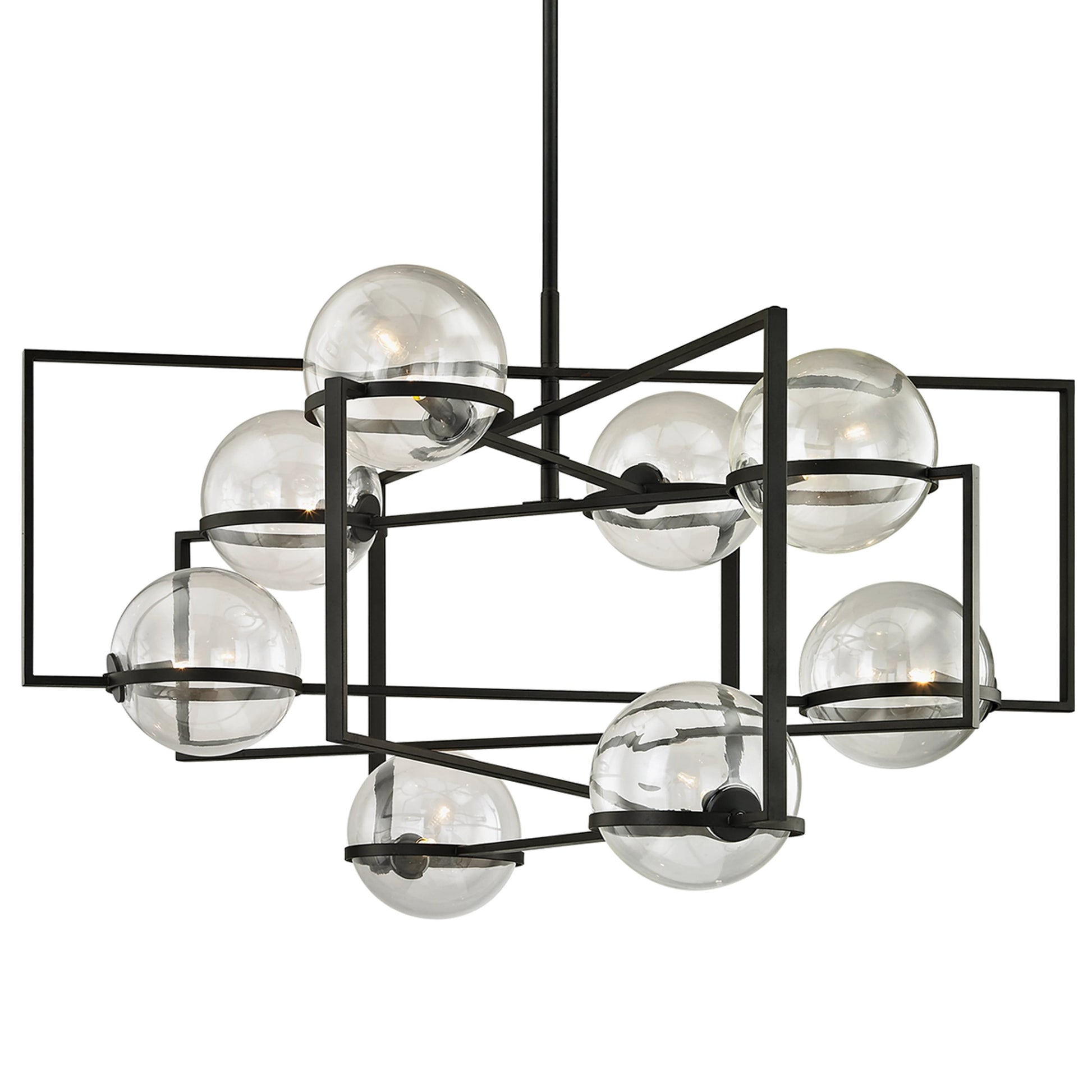 Elliot 8 Light Chandelier by Troy in textured black. Made from hand worked iron in a modern style.