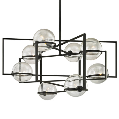 Elliot 8 Light Chandelier by Troy in textured black. Made from hand worked iron in a modern style.