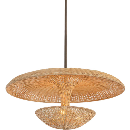 Draco Pendant by Troy in bronze leaf. Made from natural woven, natural wicker in a unique style.