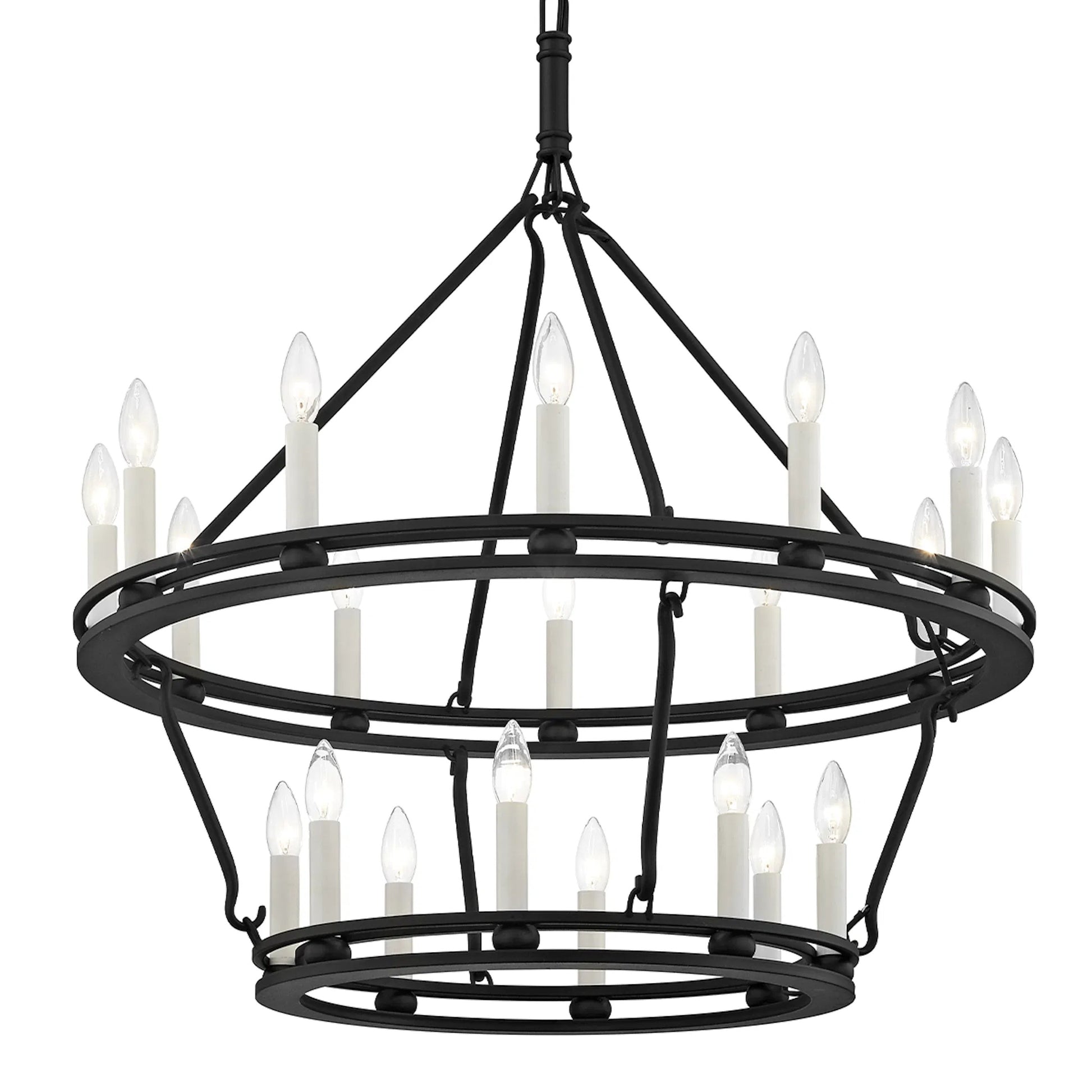 Sutton 20-Light Chandelier by Troy in textured black. Made from hand worked iron in a traditional style.