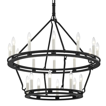 Sutton 20-Light Chandelier by Troy in textured black. Made from hand worked iron in a traditional style.