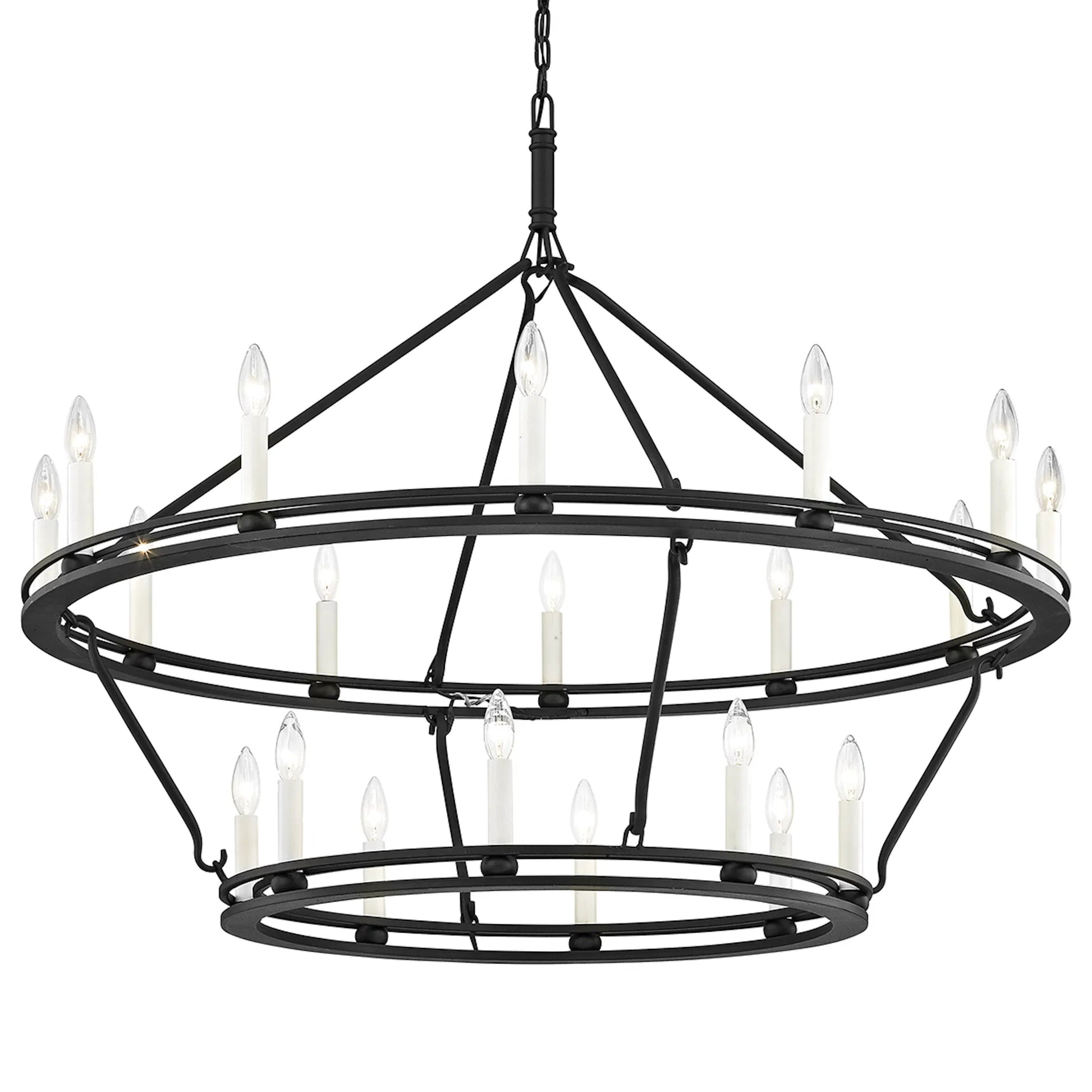 Sutton 20-Light Chandelier by Troy in textured black. Made from hand worked iron in a traditional style.