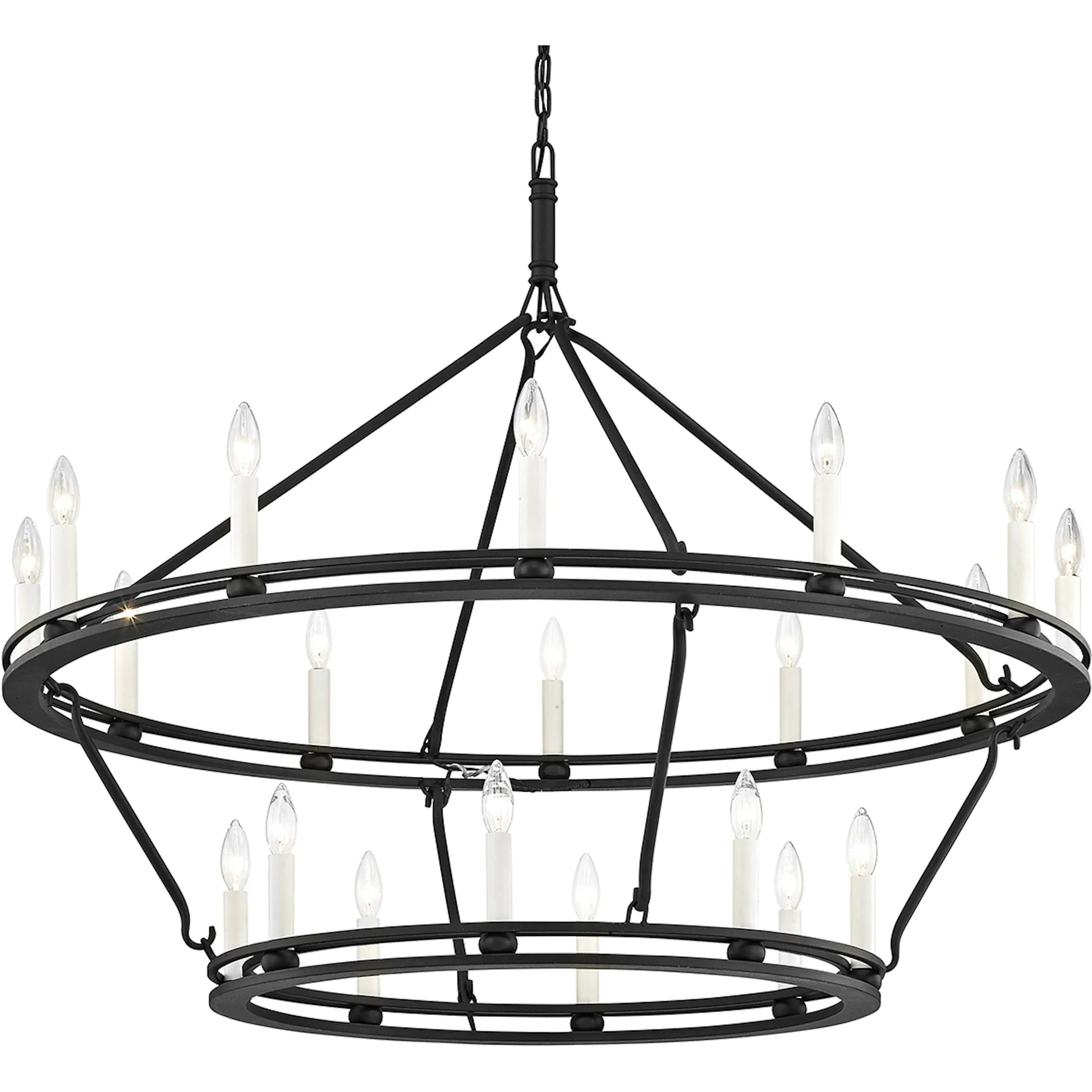 Sutton 20-Light Chandelier by Troy in textured black. Made from hand worked iron in a traditional style.