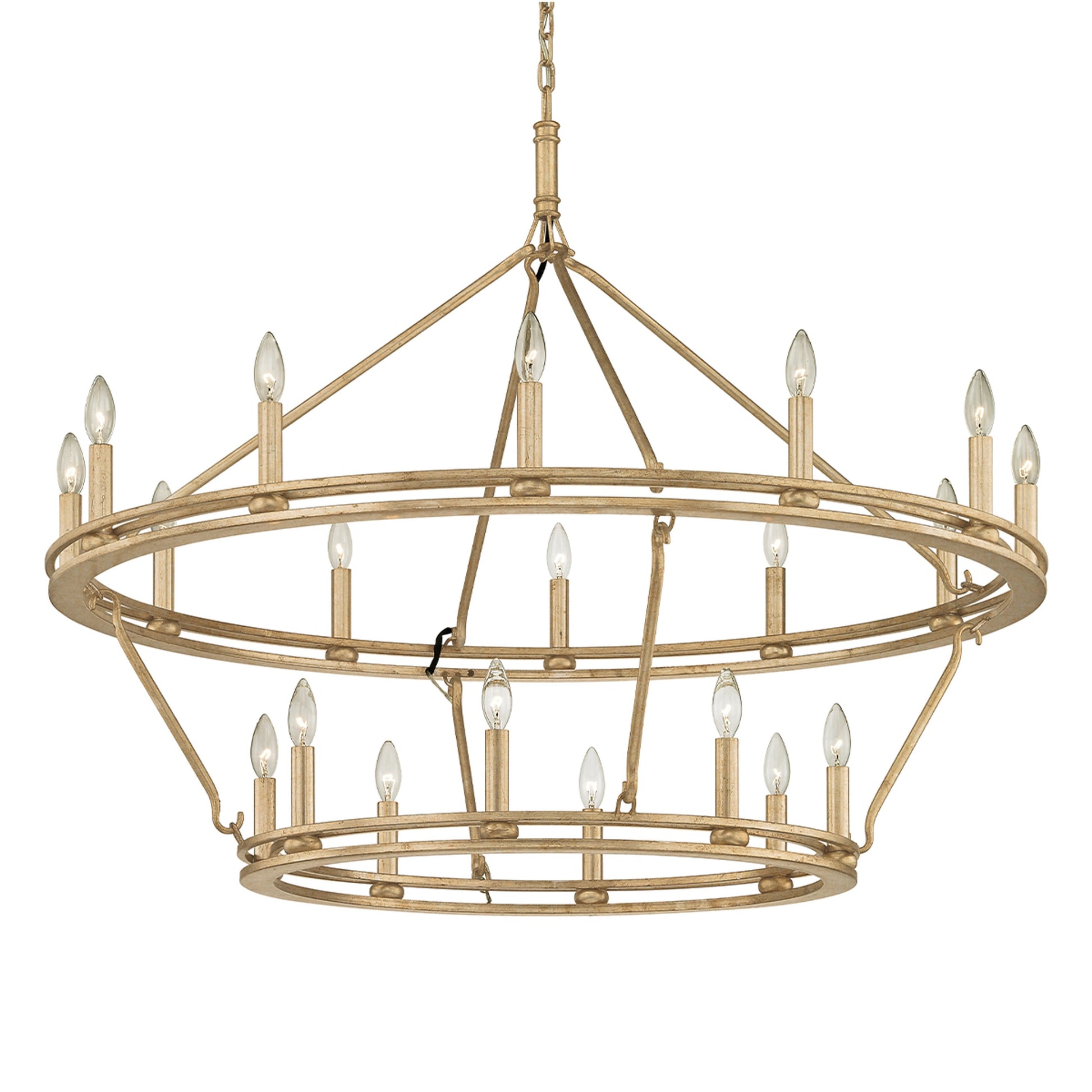 Sutton 20 Light Chandelier by Troy in champagne silver leaf. Made from hand worked iron in a rustic style.