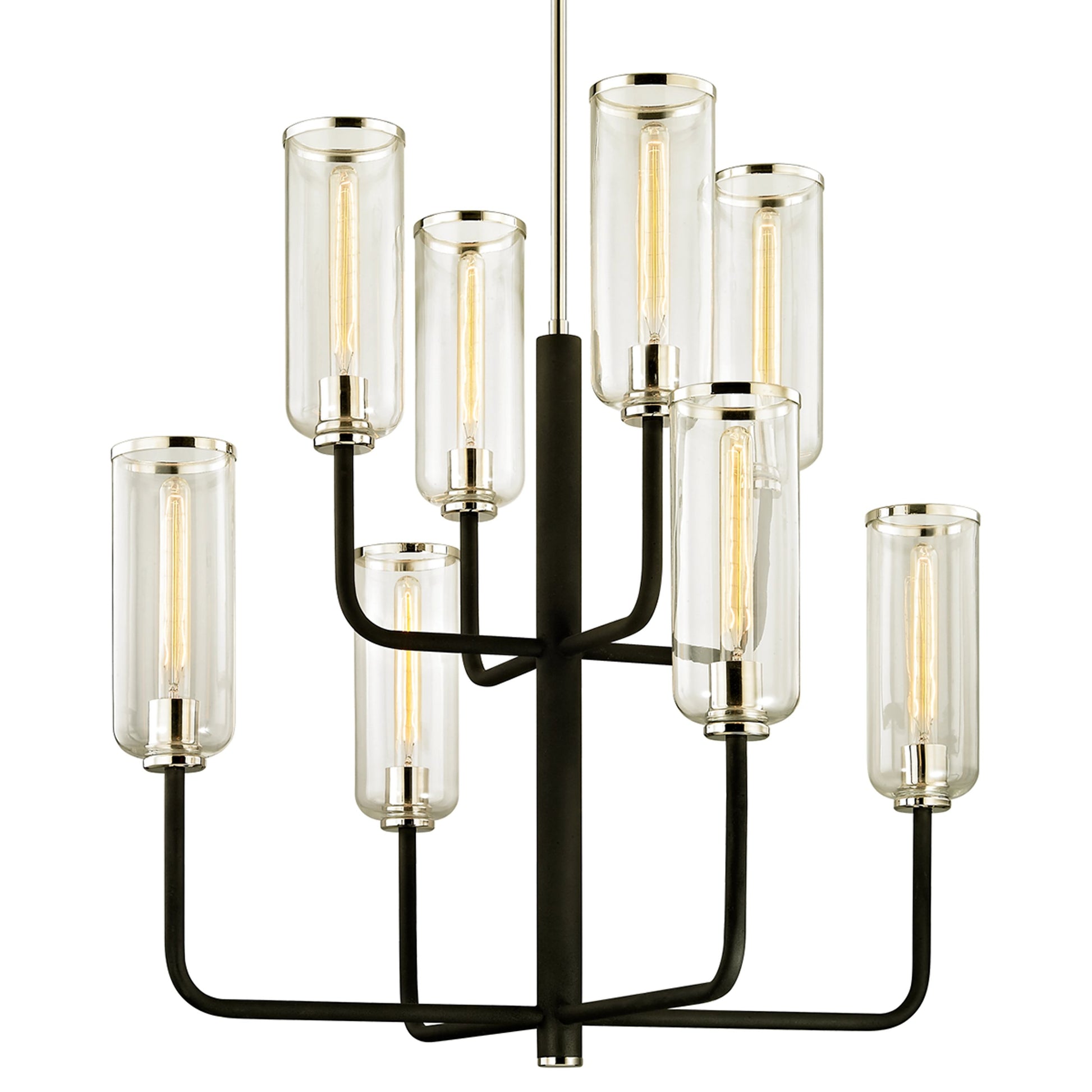 Aeon 8 Light Chandelier by Troy in carbide blk, pol nickel. Made from hand worked iron in a modern style.