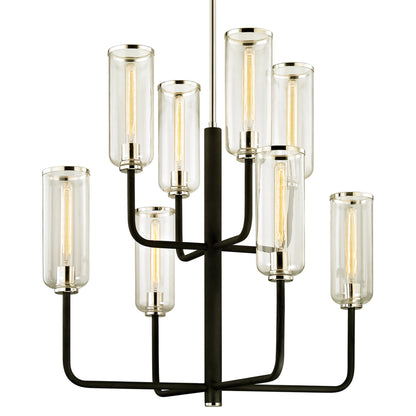 Aeon 8 Light Chandelier by Troy in carbide blk, pol nickel. Made from hand worked iron in a modern style.