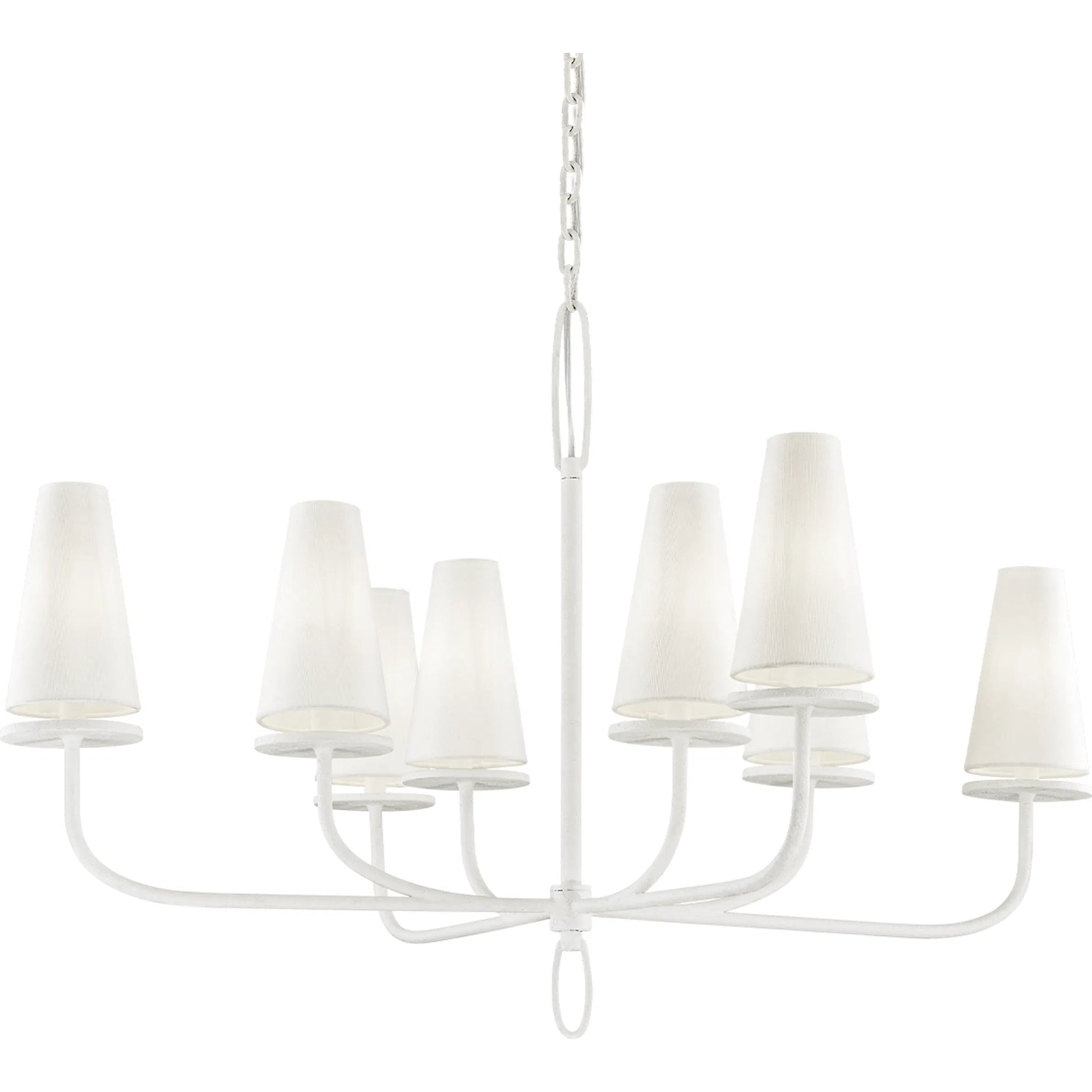 Marcel 8 Light Chandelier by Troy in gesso white. Made from hand worked iron in a modern style.