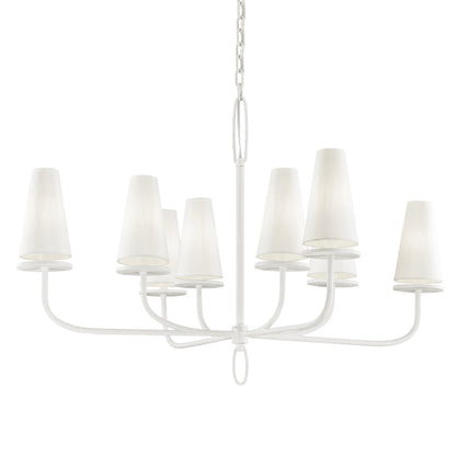 Marcel 8 Light Chandelier by Troy in gesso white. Made from hand worked iron in a modern style.