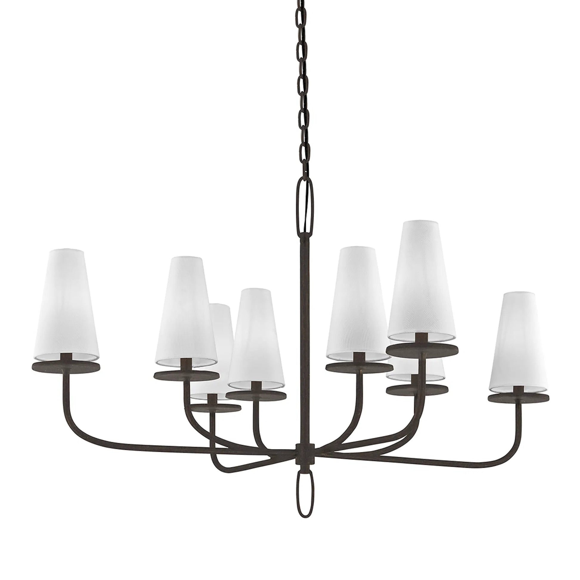 Marcel 8-Light Chandelier by Troy in textured bronze. Made from hand worked iron in a traditional style.