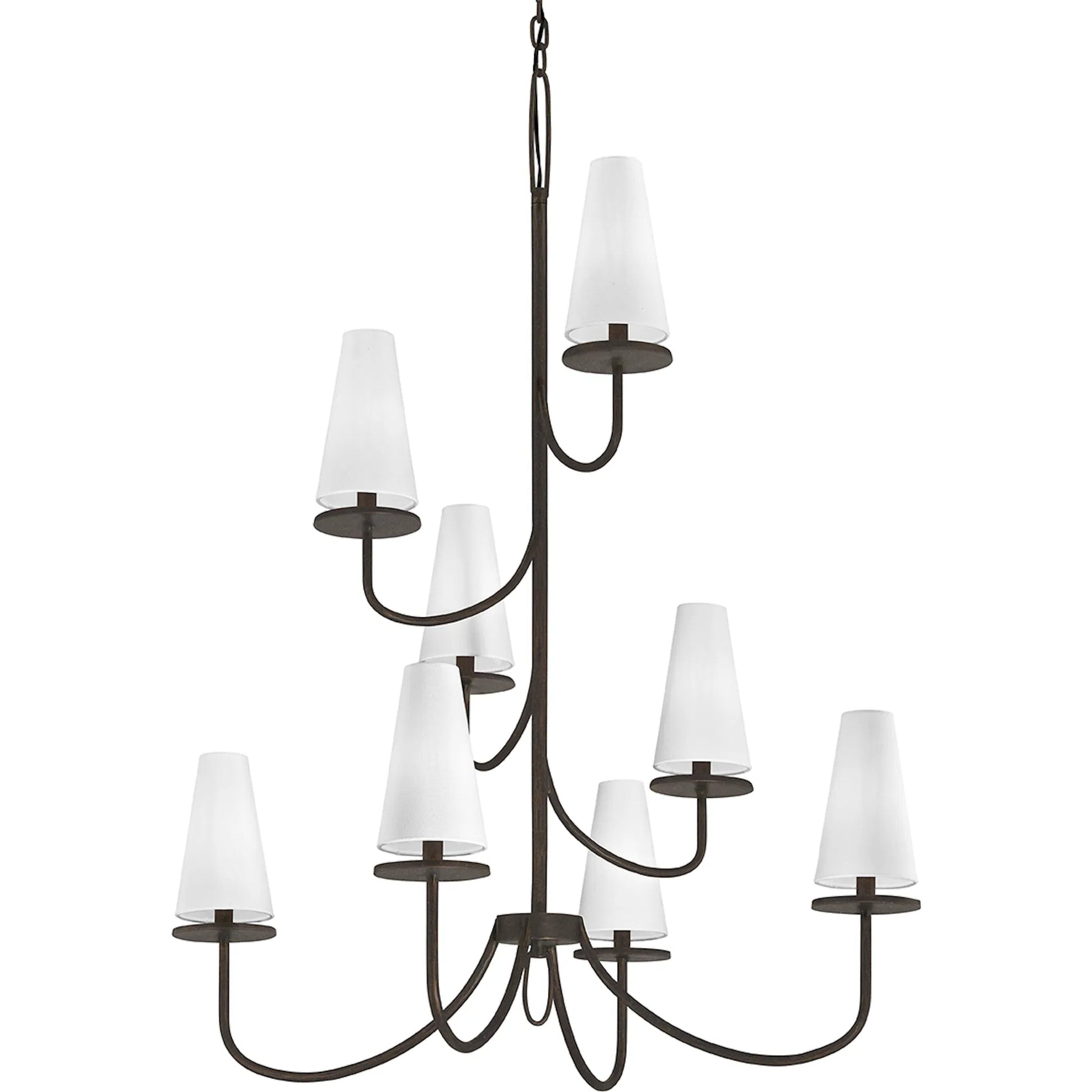 Marcel 8 Light Tiered Chandelier by Troy. Made from hand worked iron in a modern style.
