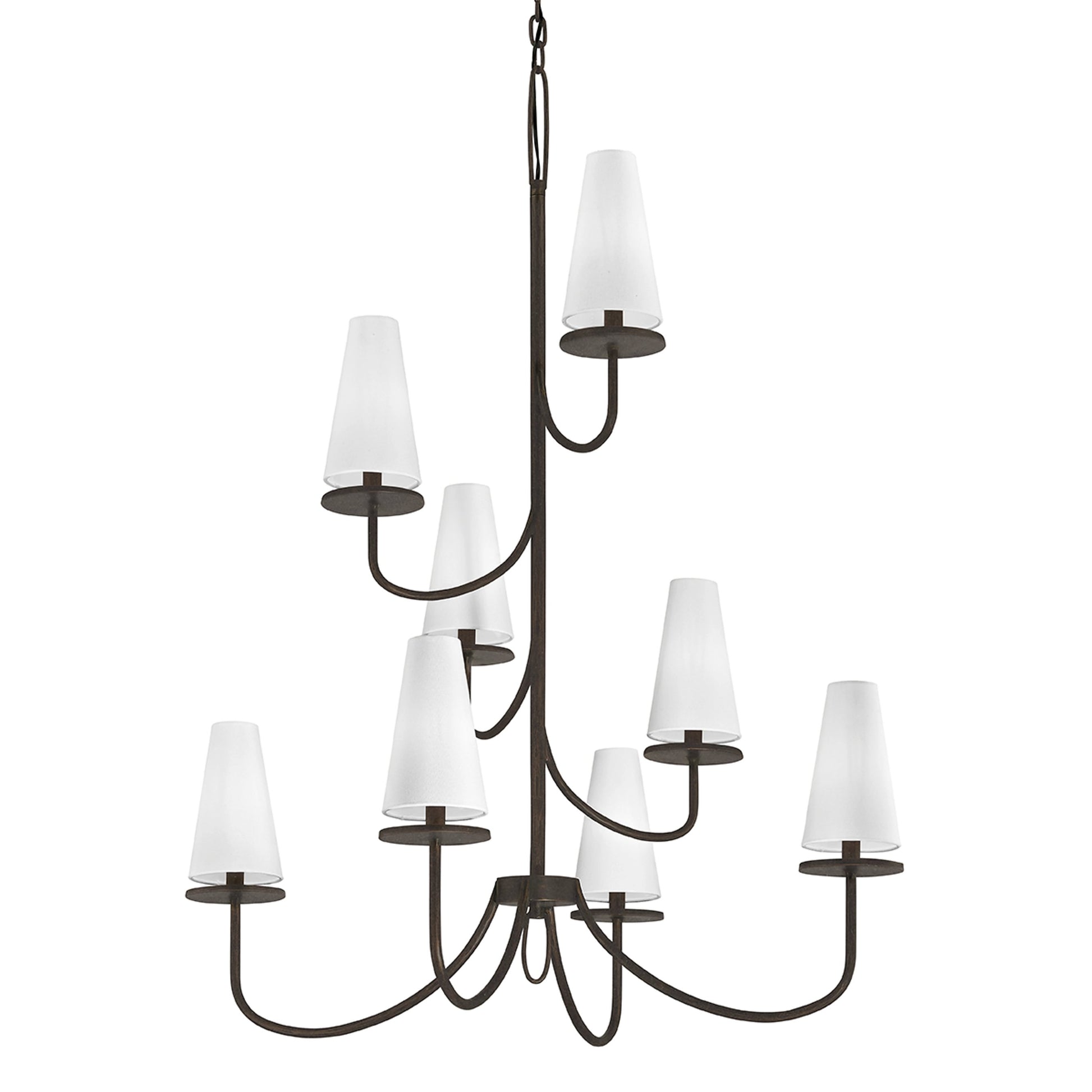 Marcel 8 Light Tiered Chandelier by Troy. Made from hand worked iron in a modern style.