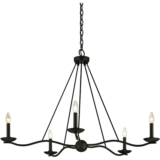 Sawyer Chandelier by Troy in forged iron. Made from hand worked iron in a unique style.