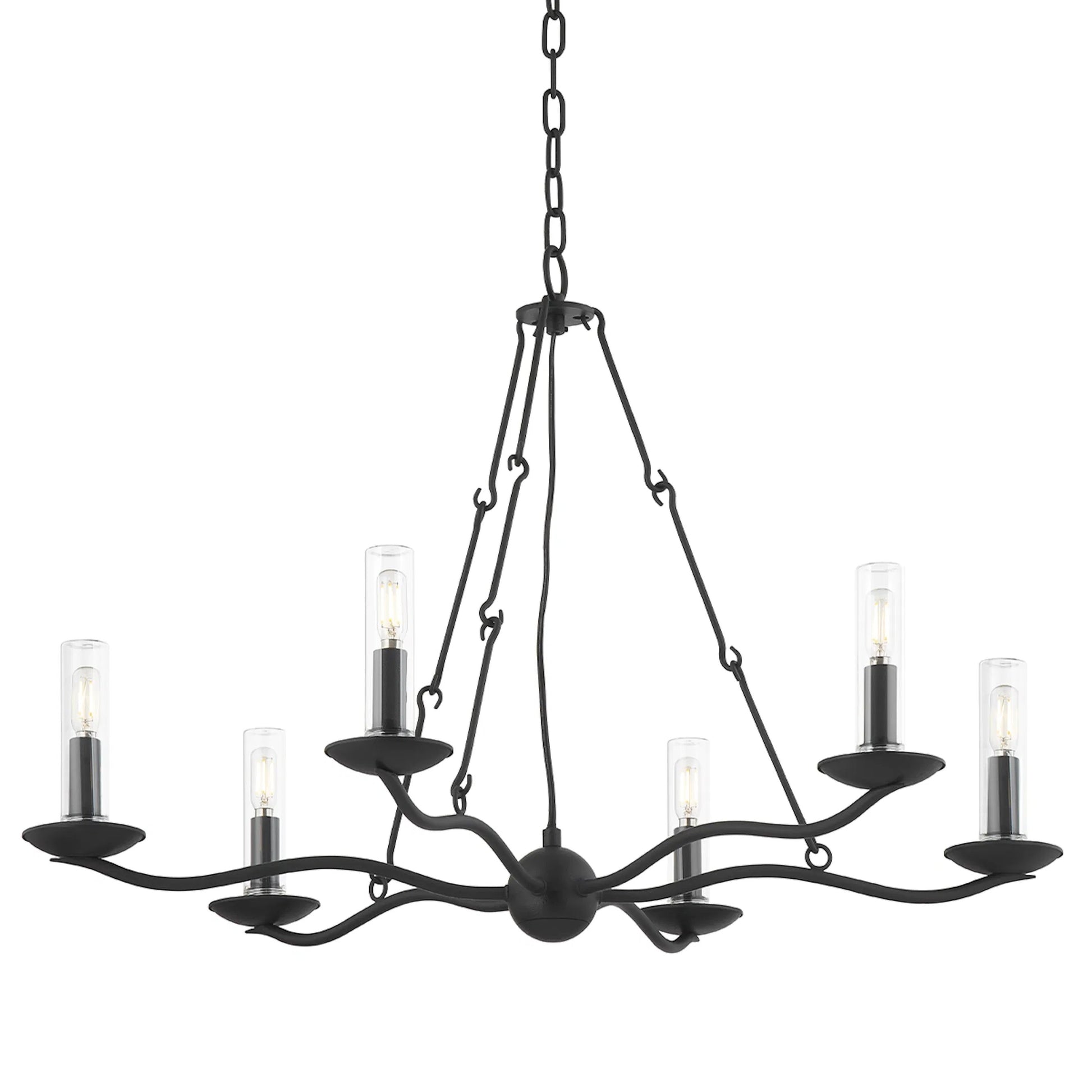 Sawyer Exterior Chandelier by Troy in forged iron. Made from steel in a transitional style.