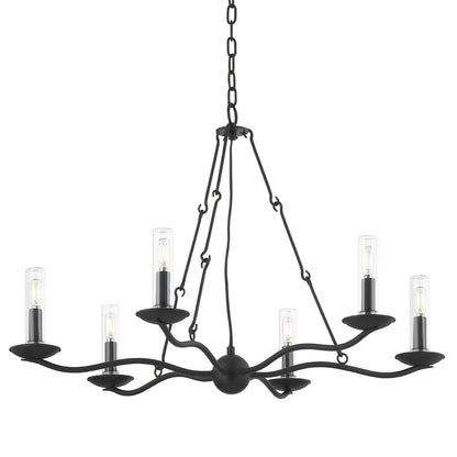 Sawyer Exterior Chandelier by Troy in forged iron. Made from steel in a transitional style.