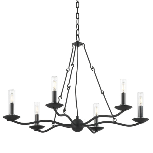 Sawyer Exterior Chandelier by Troy in forged iron. Made from steel in a transitional style.