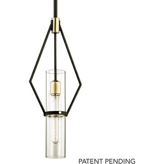 Raef Mini Pendant by Troy in textured bronze brushed brass. Made from hand worked iron in a modern style.