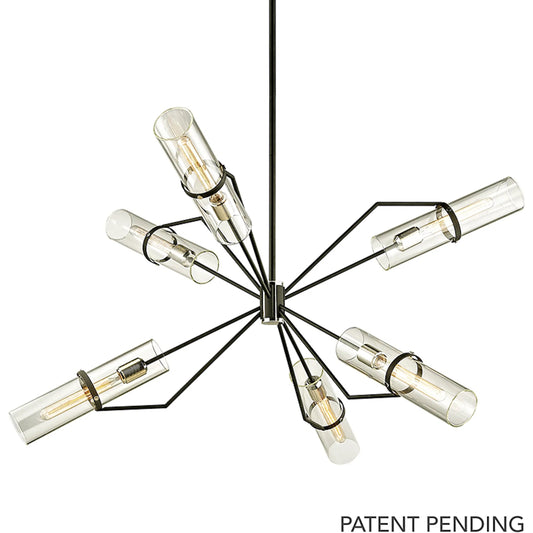 Raef Chandelier by Troy in textured black, polish nickel. Made from hand worked iron, brass in a modern style.