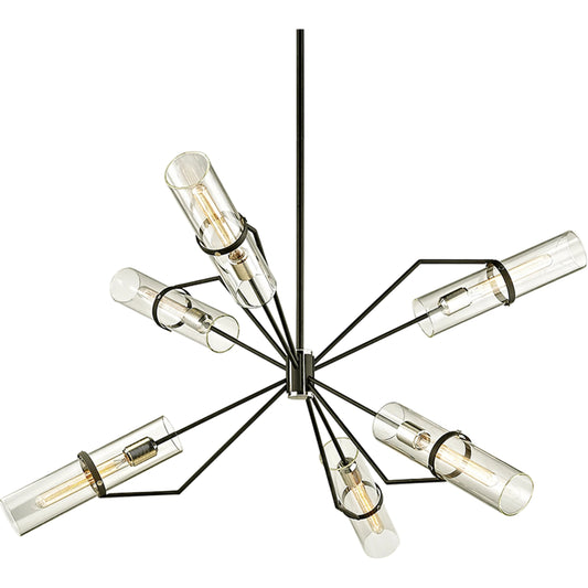 Raef Chandelier by Troy in textured black, polish nickel. Made from hand worked iron, brass in a modern style.