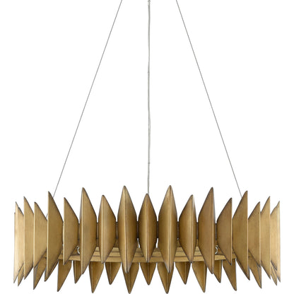 Potter Chandelier by Currey and Company in aurora antique. Made from wrought iron in a modern style.