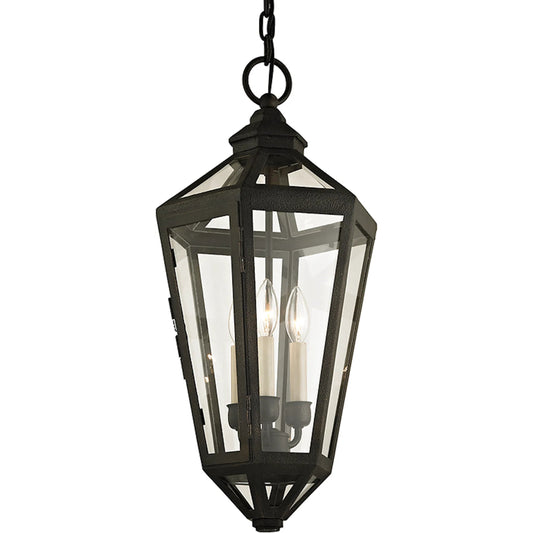 Calabasas Hanging Lantern by Troy in vintage bronze. Made from hand worked iron in a unique style.