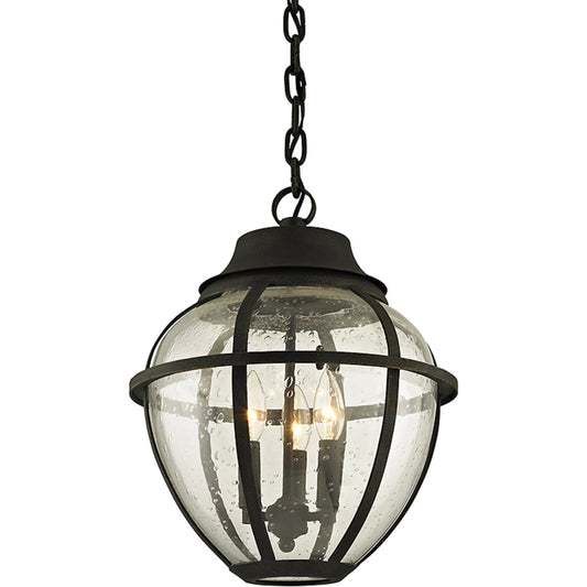 Bunker Hill Outdoor Pendant by Troy in vintage bronze. Made from hand worked iron in a modern style.