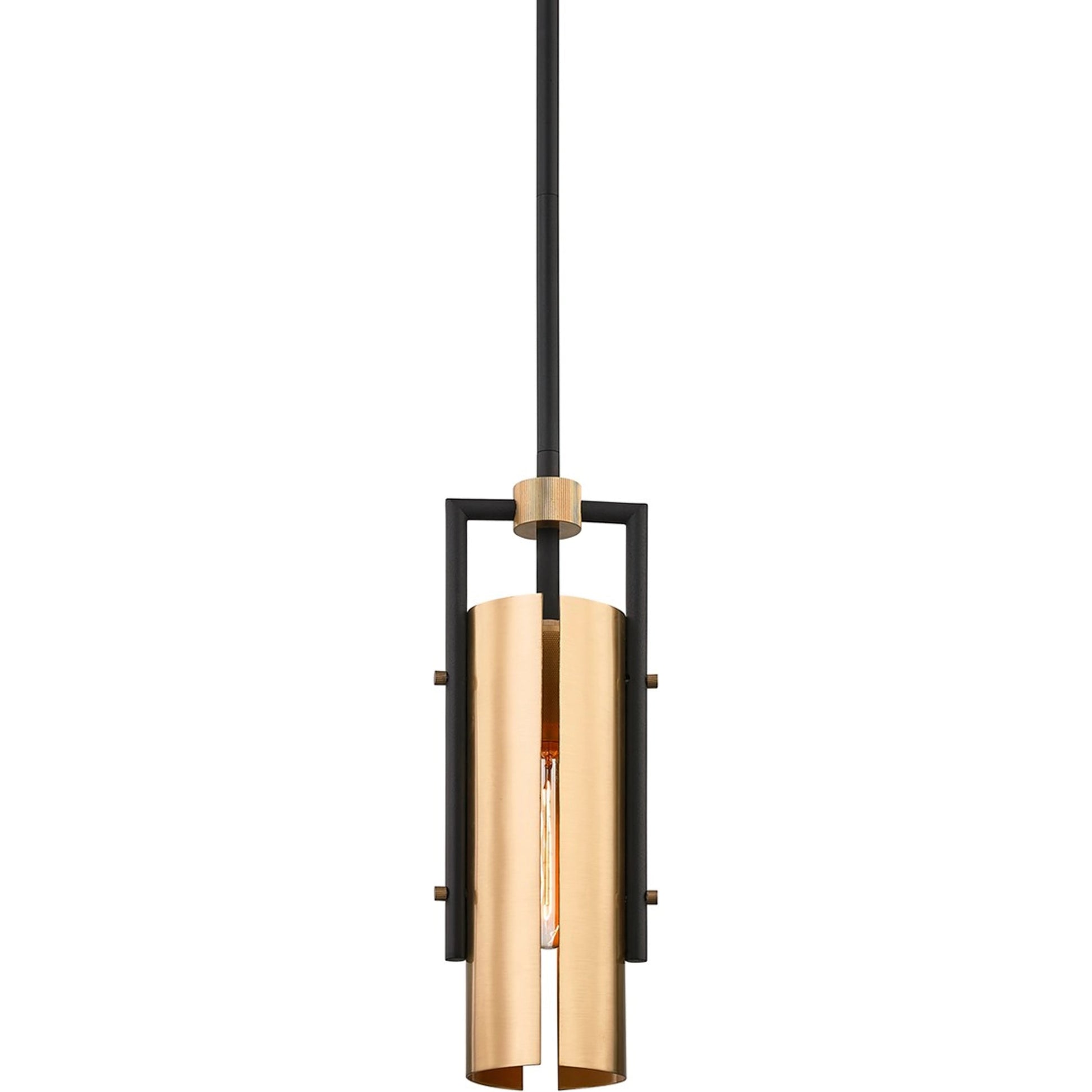 Emerson Mini Pendant by Troy in carbide blk, brushed brass. Made from hand worked iron, brass in a modern style.