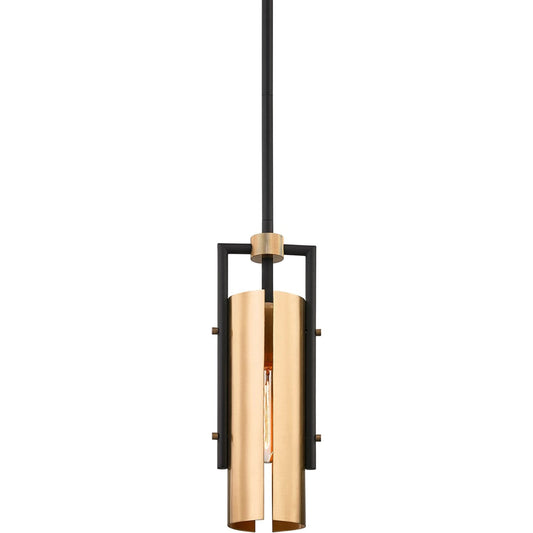 Emerson Mini Pendant by Troy in carbide blk, brushed brass. Made from hand worked iron, brass in a modern style.