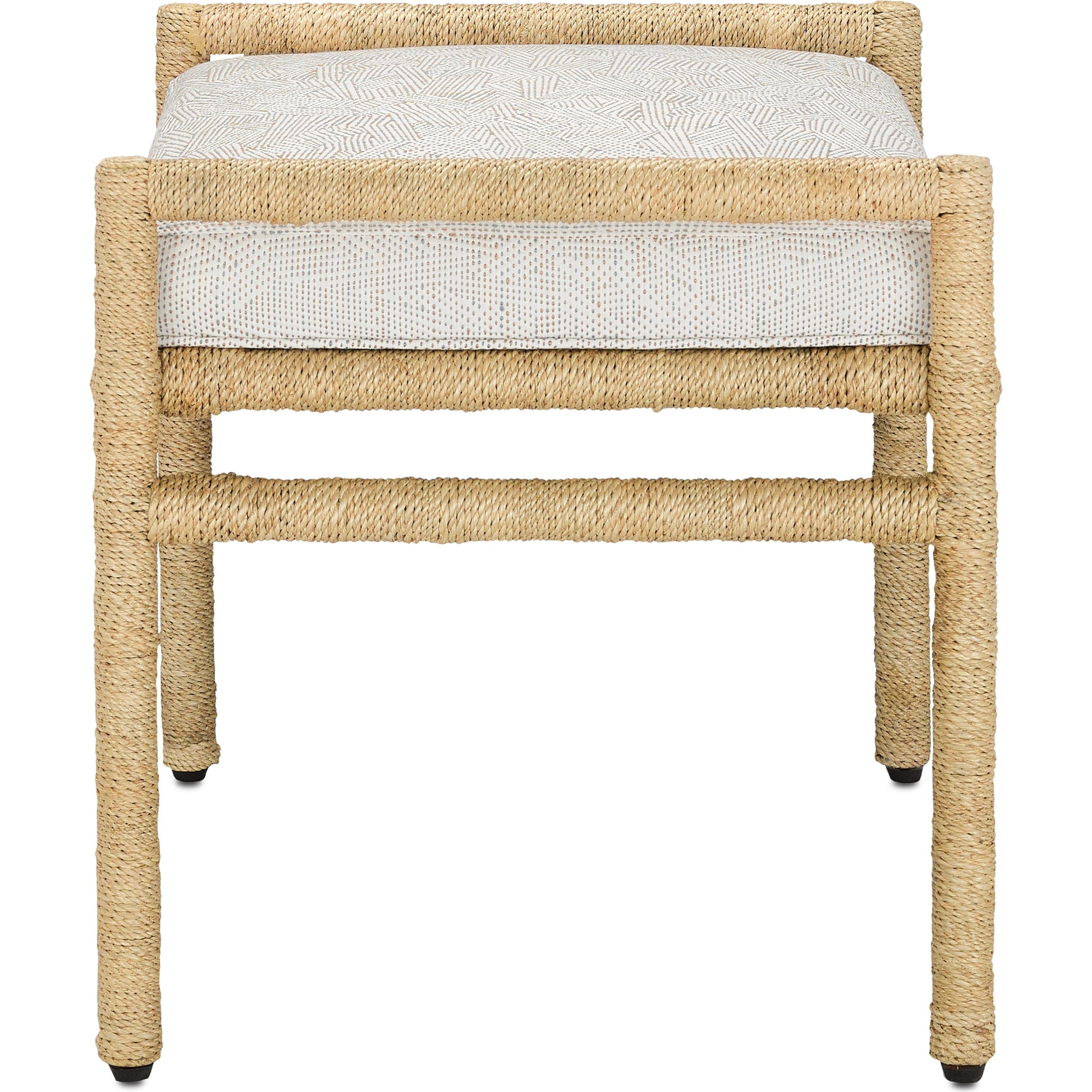 Olisa Ottoman by Currey and Company in pearl. Made from abaca rope, wrought iron, fabric in a coastal style.
