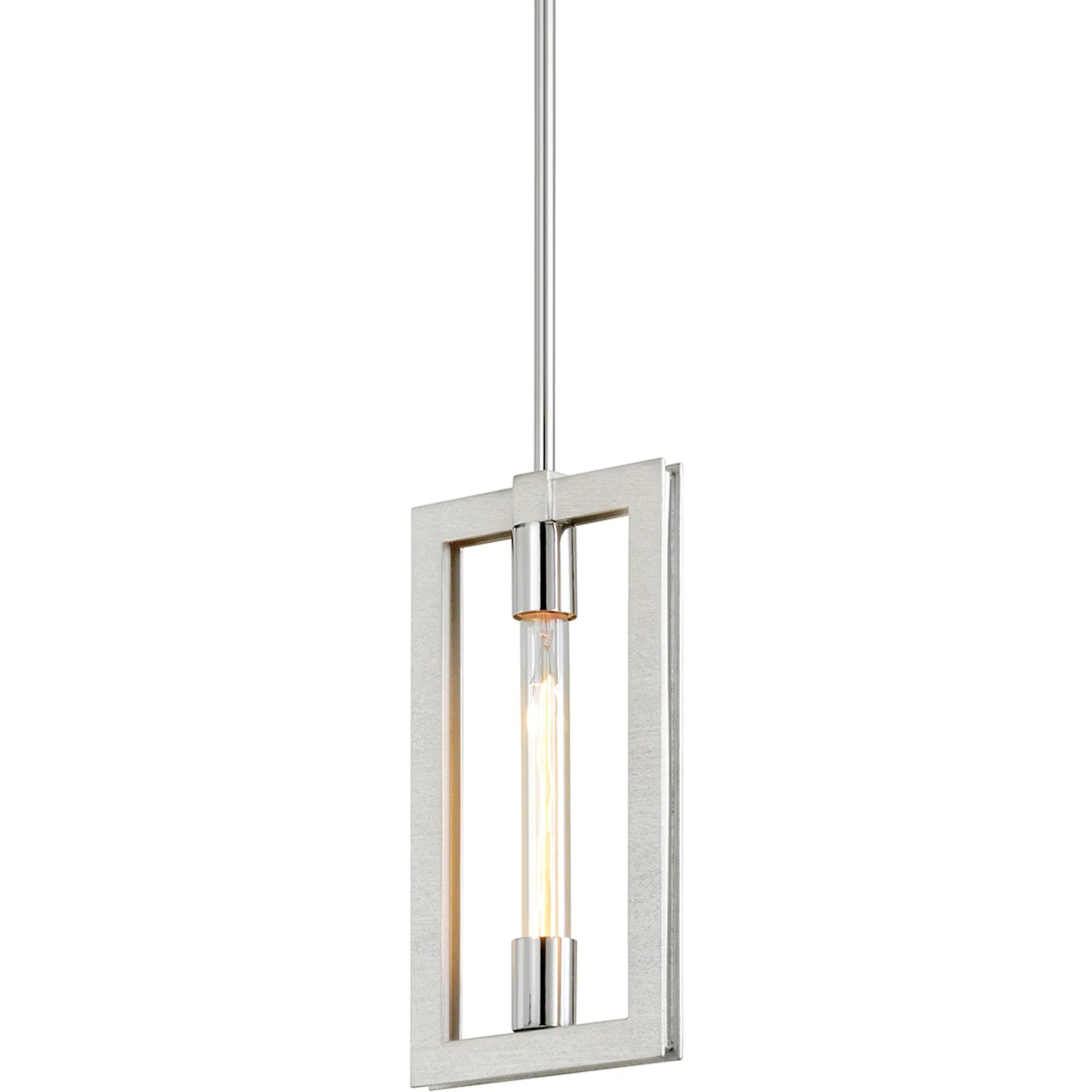 Enigma Pendant by Troy in silver leaf. Made from hand worked iron in a transitional style.