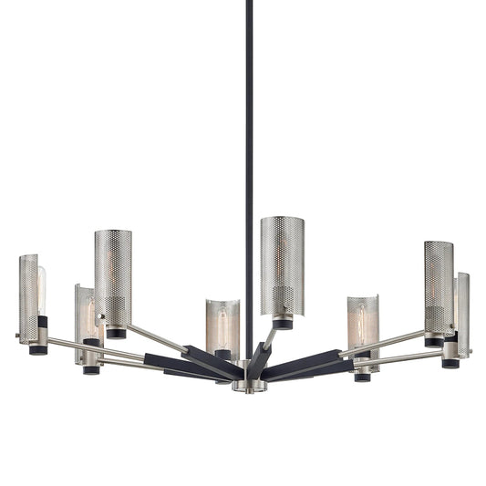 Socialite Pilsen Chandelier by Troy in soft off black, satin nickel. Made from hand worked iron in a modern style.