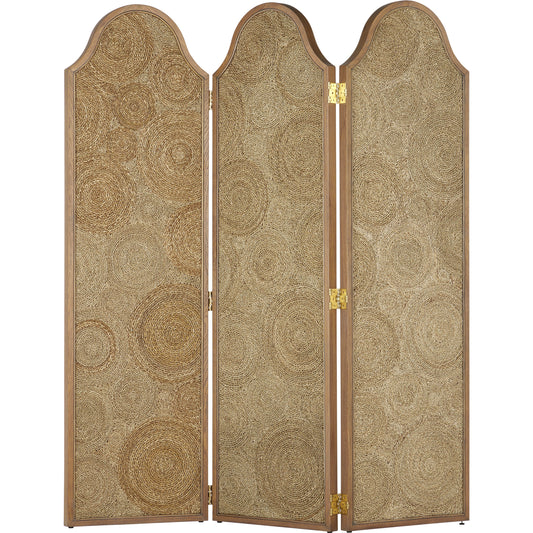 Sisal Screen by Currey and Company in natural, weathered oak. Made from pandan rope, solid oak in a transitional style.