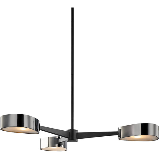 Allisio Chandelier by Troy in textured black, black chrome. Made from hand worked iron in a unique style.