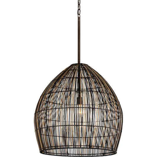 Holden Chandelier by Troy in espresso buri. Made from hand worked iron in a rustic style.