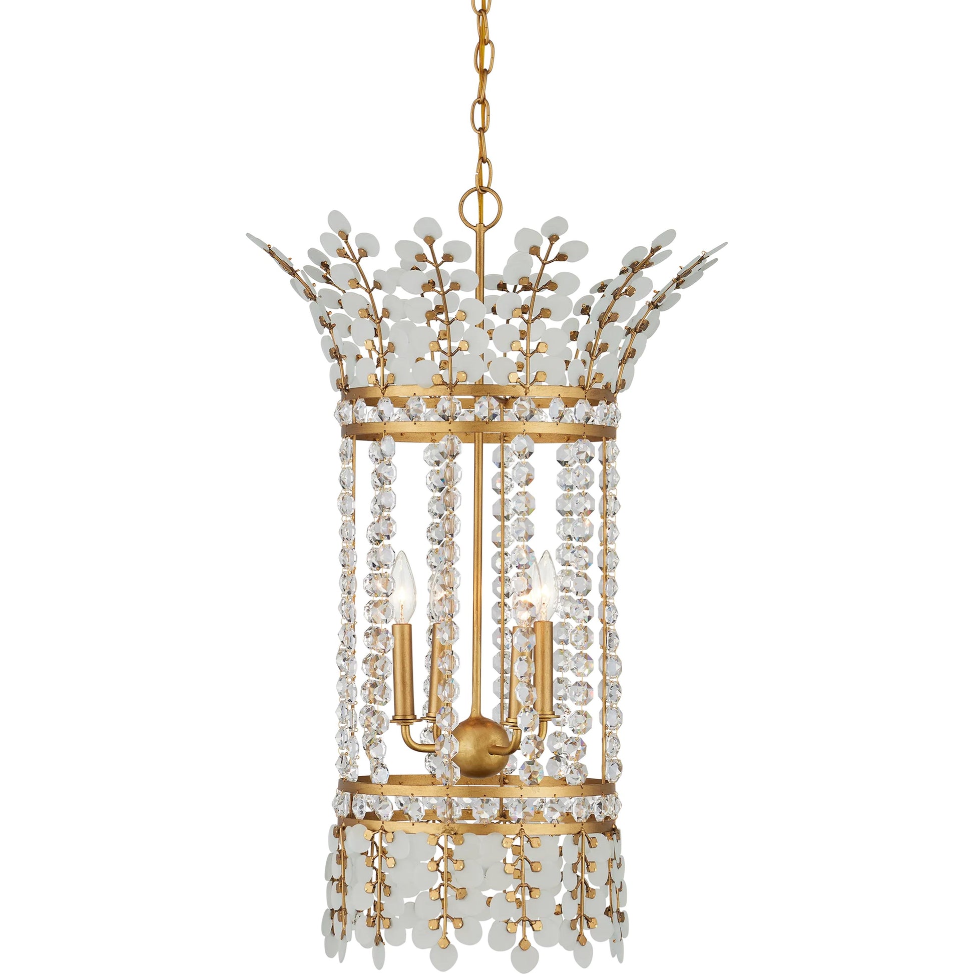 Bradshaw Lantern by Currey and Company in frosted, clear, brass. Made from glass, crystal, wrought iron in a traditional style.