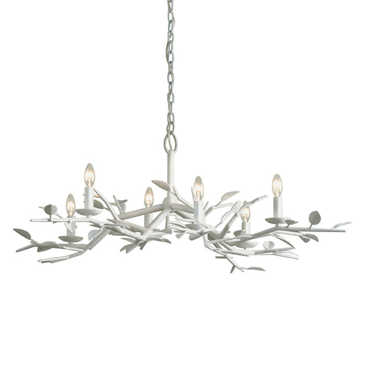 Aubrey 6-Light Chandelier by Troy in gesso white. Made from hand worked iron in a modern style.