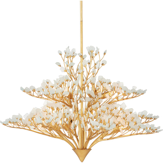 Fiorella Chandelier by Currey and Company in contemporary gold leaf, frosted. Made from wrought iron, seaglass in a modern style.